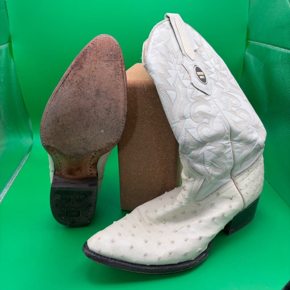 Vintage 90s Houston Boots Mens 9 White Full Quill Ostrich Leather Western Cowboy